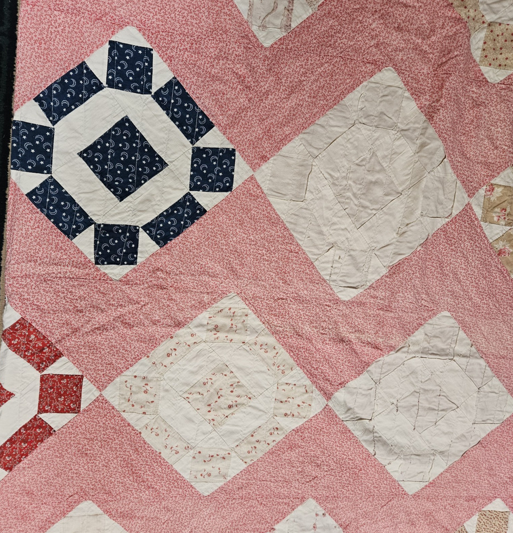 Vtg Hand pieced patchwork quilt 80X80 Chimney sweep design damage stains READ